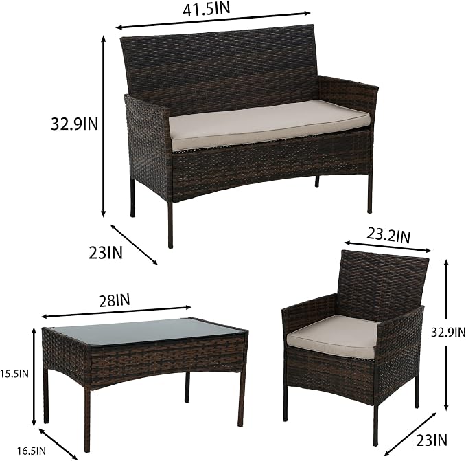 PayLessHere 4 Pieces Patio Furniture Set Rattan Outside Furniture Wicker Sofa Garden Conversation Sets with Soft Cushion and Glass Table for Yard Pool or Backyard,Brown