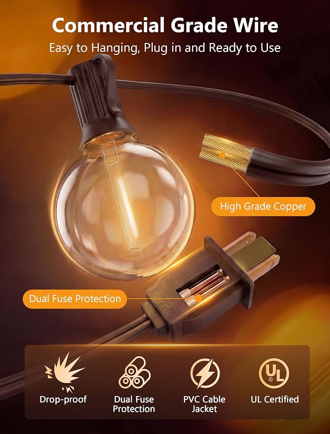 25FT LED G40 Outdoor String Lights with 25 Shatterproof Bulbs, Brown Wire | Waterproof Patio Globe Lights, Connectable Dimmable Outdoor Hanging Lights for Backyard Porch Garden Deck Bistro, Warm White