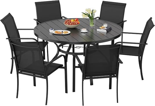 Incbruce 7 PCS Patio Dining Set, Outdoor Dining Set of 6 Textilene Chairs and 53" Round Table with Umbrella Hole for Backyard, Garden, and Poolside (Black)