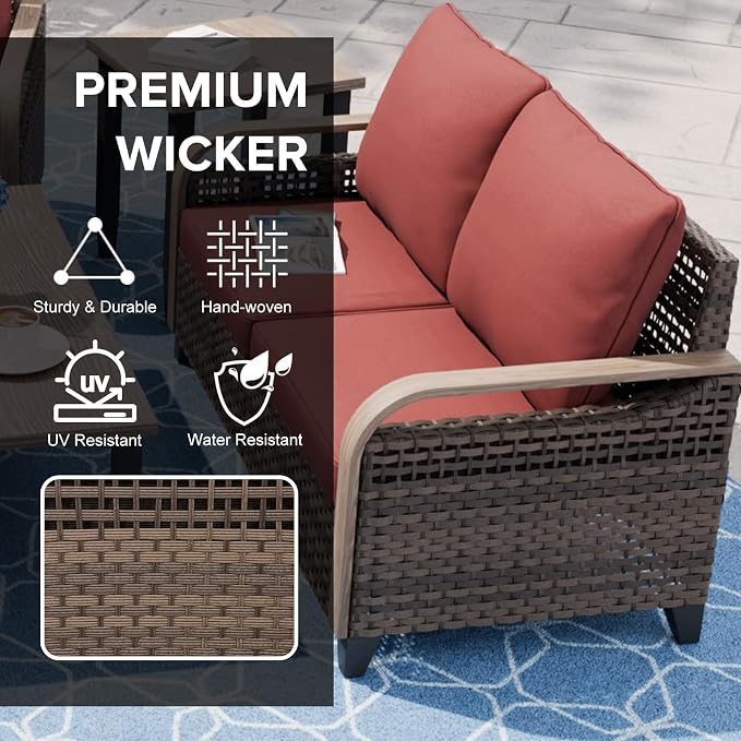 COOS BAY Modern Wicker Outdoor Furniture Set, 4 Piece Patio Conversation Set with 2 Patio Chairs, a 3 Seat Couch and Side Table, 4 Piece, Brown/Red
