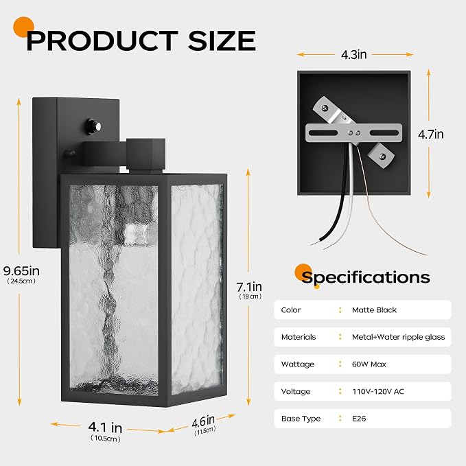 Dusk to Dawn Exterior Lighting Fixtures Outdoor Porch Light Wall Sconce | 10.65 inch, Anti-Rust Metal Frame, Tempered Glass, E26 Base, Waterproof, Sensor Wall Lantern for Patio, Garage, Entryway