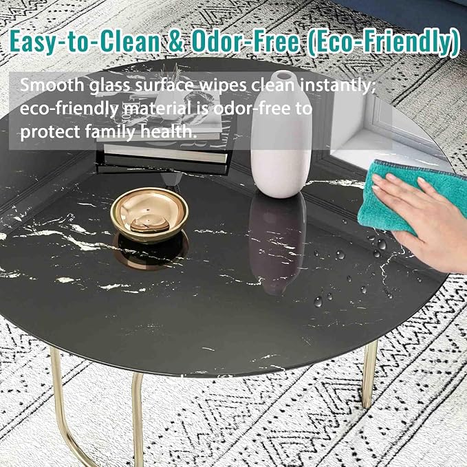 32 Inch Round Black Marble Glass Table Top, 8mm Thick Tempered Glass Tabletop for Dining Tables, Coffee Tables, Patio Tables