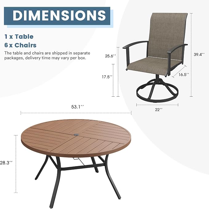 DIFY 7 Pieces Outdoor Dining Set, Metal Patio Table and Chairs Set for 6 with Umbrella Hole, 53.1" Walnut Round Table and Brown Textilene Swivel Patio Chairs for Garden, Backyard, Poolside