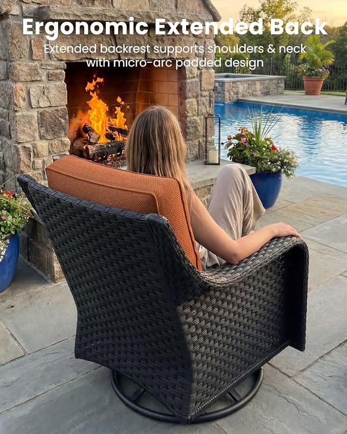 10 Pieces Outdoor Furniture Set with 6-inch Cushions, High Back Wicker Swivel Rocker Chairs with Fire Pit Table, Luxury Conversation Set for Deck Patio and Poolside