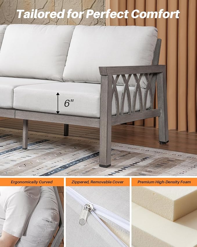 Outdoor Aluminum 3-Seat Sofa, Patio Couch with 5.9'' Thick Cushions, Weather-Resistant Outdoor Club Sofa Couch, Modern 3 Seats Outside Sofas Furniture for Garden, Porch, Balcony, Limed Oak