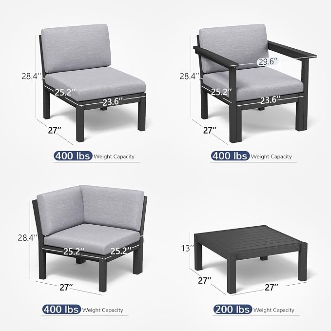 Stoog Modular Armchair with Removable Arms - HIPS Frame & Deep Seat Waterproof Patio Chair for Sectional, Black