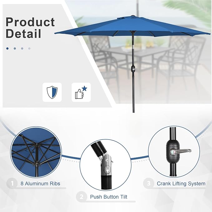 Crownland 5 Piece Patio Dining Set, Textilene Dining Sets, 4 Textilene Metal Chairs and Square Outdoor Dining Table with Dark Blue 9FT Round Outdoor Umbrella (Blue)