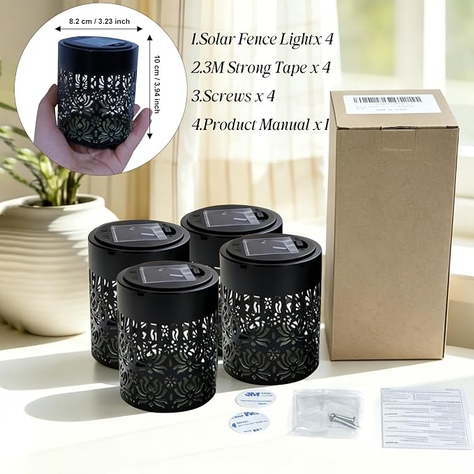 4 Pack Solar Fence Lights Outdoor, Decorative Solar Wall Lights with Mandala Pattern, IP65 Waterproof LED Wall Sconce Lantern for Garden Yard Fence Decor, Patio Pathway, Gift for Women Mom