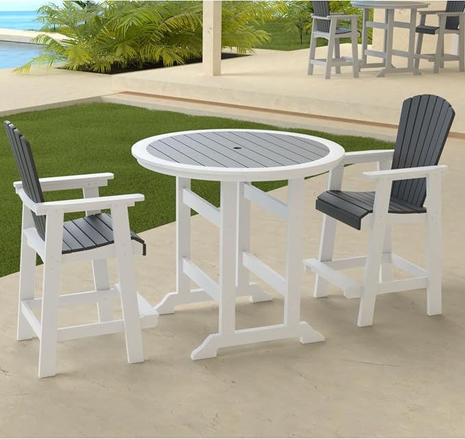 Outdoor Bar Height Table and Chairs Set of 3, Round Counter Bar Table with 1.96" Umbrella Hole, 2 Pcs Tall Adirondack Chairs Bar Stools with Arm, Patio Dining Set for Backyard Deck Balcony Front Porch