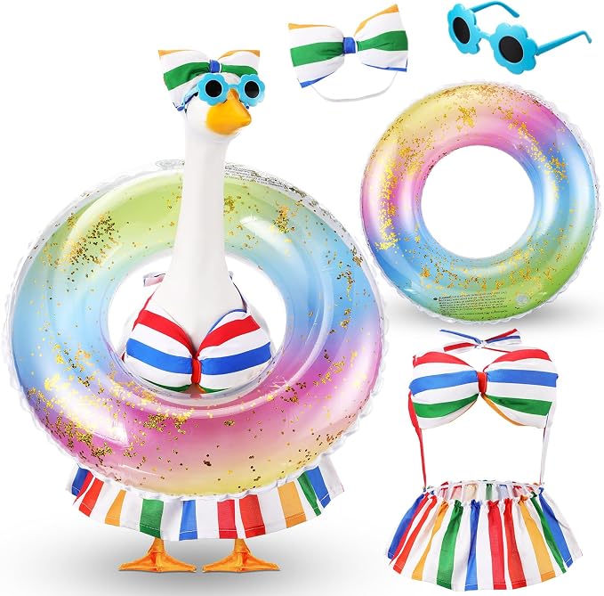 Bikini Porch Goose Outfits with Sunglasses and Swimming Tube for 23" Summer Goose Costume Garden Patio Statue Decor(Rainbow)