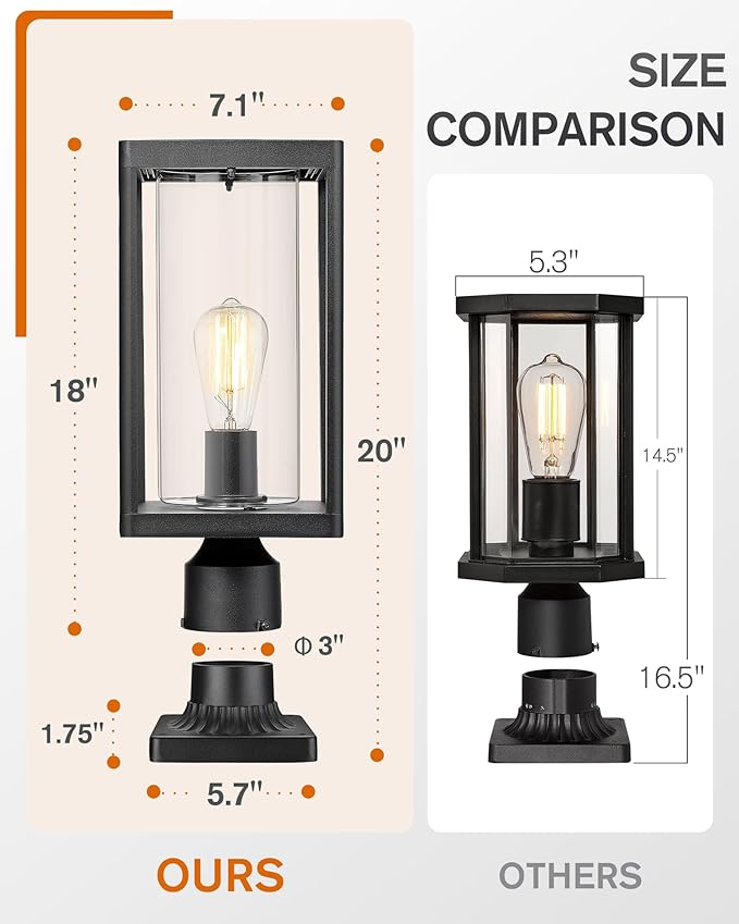 Beionxii Outdoor Post Lantern, 20inch Large Modern Lamp Post Light Fixture Exterior Pillar Lights with Pier Mount Base, Black Cast Aluminum w/Clear Cylinder Glass - A291P-2PK (NOT Solar, 110-120V AC)