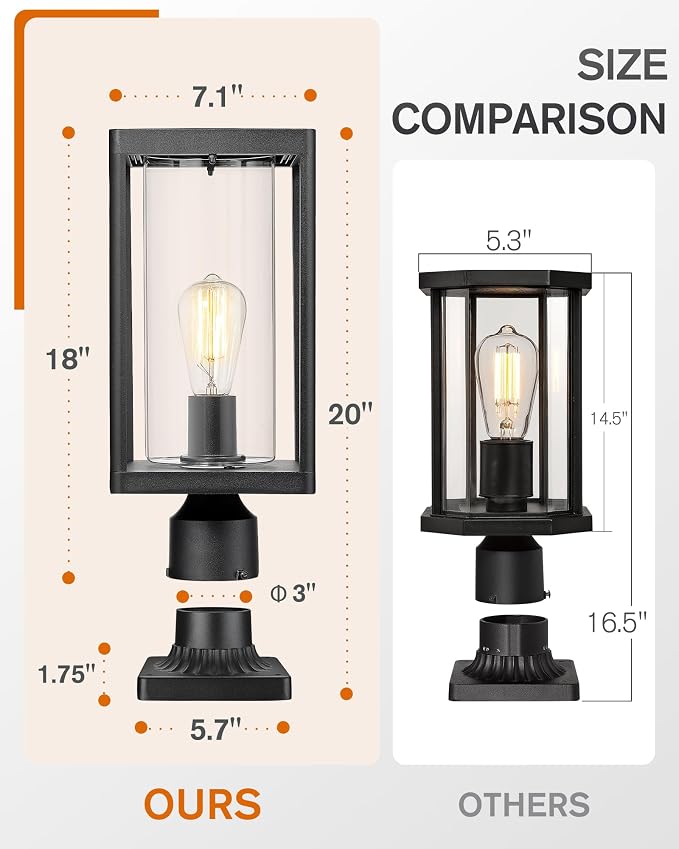 Beionxii Outdoor Post Lights, 20inch Large Modern Large Exterior Post Lantern Pillar Light with Pier Mount Base, Black Cast Aluminum w/Clear Cylinder Glass - A291P-1PK (NOT Solar, 110-120V AC)