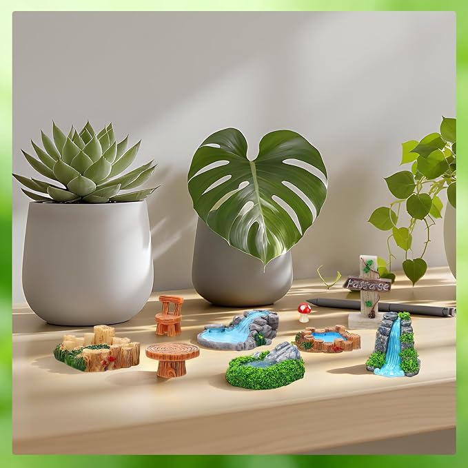 Mini Fairy Garden Accessories, Miniature Landscape Decorations Included Mini Bridge Pond Water Well for DIY Craft Lawn Pond Decor