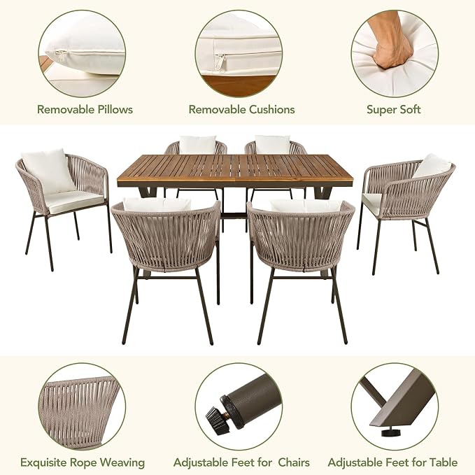 7PCS Outdoor Dining Set, Patio Table and Chairs Set for 6, Rope Weaving Patio Chairs with Thickened Cushions & Rectangular Dining Table with Metal Frame and Acacia Wood Tabletop, Beige