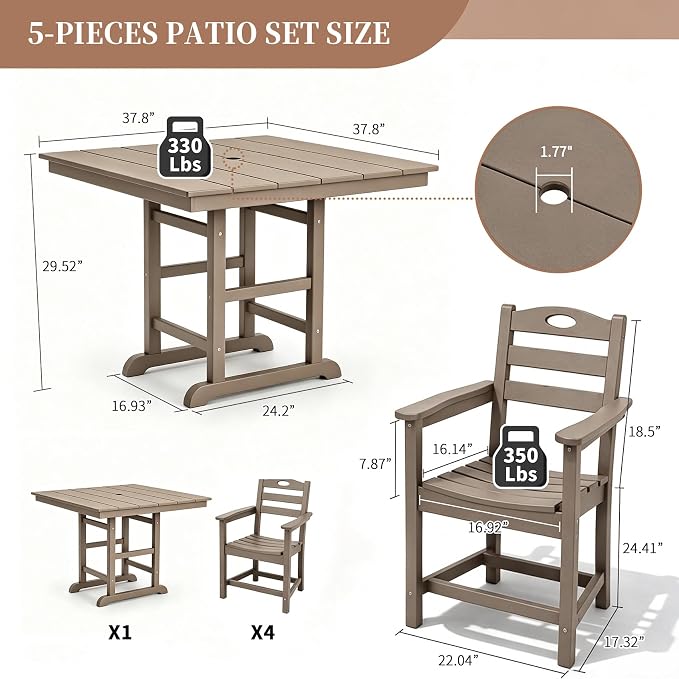 Outdoor Patio Dining Square Table and Armchair 5 Piece Set, Brown | HDPE Material, 1.77" Umbrella Hole, All-Weather, Patio Furniture, Table and 4 Chairs, For Backyard, Deck, Garden