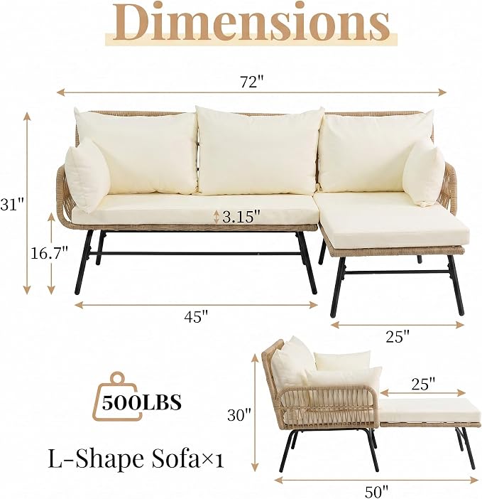 BULEXYARD 3 Pcs Boho Outdoor Patio Furniture Sets, L Shaped Natural Color Wicker Conversation Sectional Sofa w/Cozy Beige Cushion for Backyard, Porch, Deck, Garden, Balcony