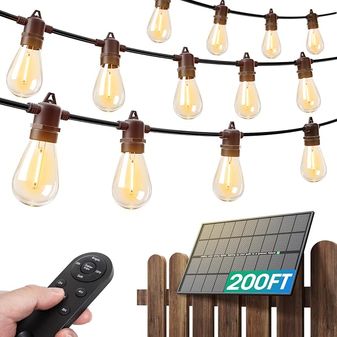 addlon 200FT(192+8) Solar String Lights Outdoor, Last 20+ Hrs, USB Charging | IP65 Waterproof. Dimmable Timer via Remote. Memory, 3 Modes, 2700K Warm White. Easy Install for Patio, Porch. 4-Pack*50FT.