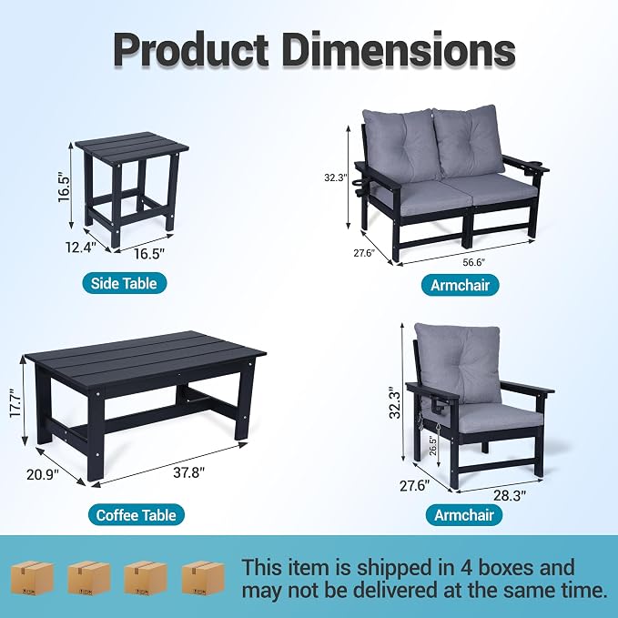 Patio Furniture Set 4 Seat, HDPE All-Weather Outdoor Sectional Conversation Sofa with Coffee Table, Washable Think Cushions for Lawn, Garden, Deck, Porch, Black
