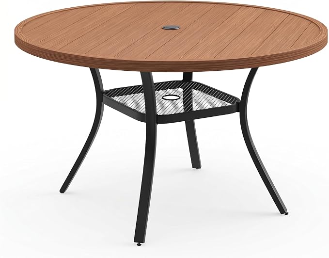 VICLLAX Metal Outdoor Dining Table for 4, All Weather 40.7" Black Round Patio Table with Adjustable Umbrella Hole for Lawn, Garden, Balcony and Poolsides, Walnut Wood Grain Tabletop