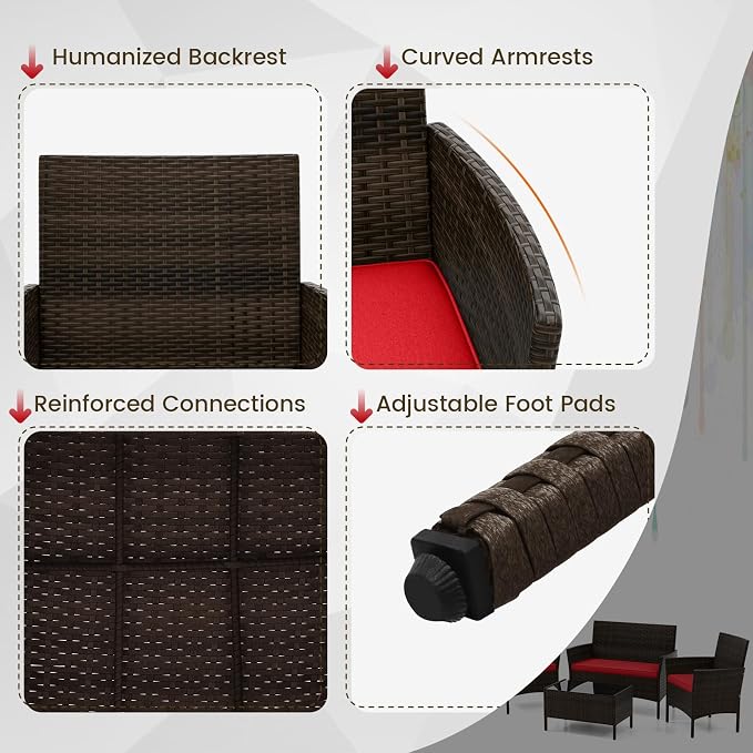 HAPPYGRILL 8 Piece Patio Furniture Set Rattan Wicker Conversation Set with Tempered Glass Top Table, Outdoor Wicker Sofa Set with Removable Cushions for Poolside Garden Backyard