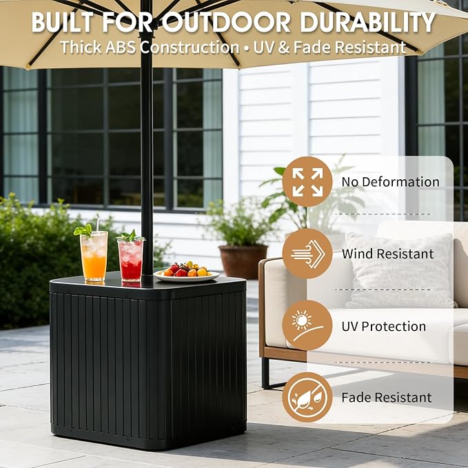 BoYata Umbrella Side Table, 2-in-1 Outdoor Side Table with Umbrella Hole, 15.9 Gallon Fillable Umbrella Stand Base, Heavy Duty & Sturdy, Fit Up to 1.5" Pole, Square Patio Side Table for Poolside, Deck