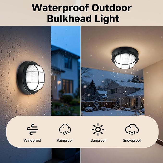 8"Outdoor Bulkhead Light, Black Round Exterior Bulkhead Wall Light Fixture, Nautical Bulkhead Sconce lighting, Waterproof Sauna Light, Wall/Ceiling Flush Mount, Aluminum & Glass, E26 60W, 2 Pack