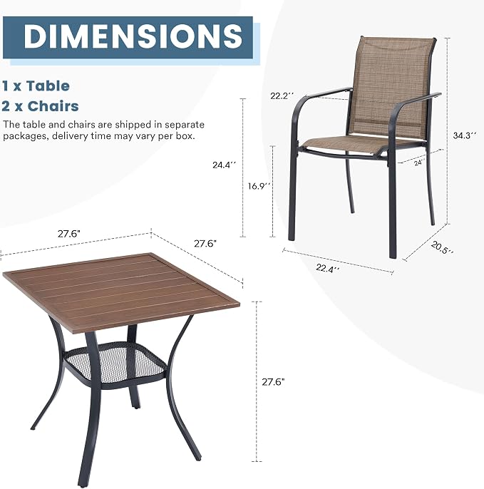DIFY 3-Piece Outdoor Patio Bistro Dining Set, Walnut Small Square Dining Table & 2 Brown Stackable Metal Chairs with Breathable Fabric, Outdoor Furniture Set for Balcony, Porch, and Deck