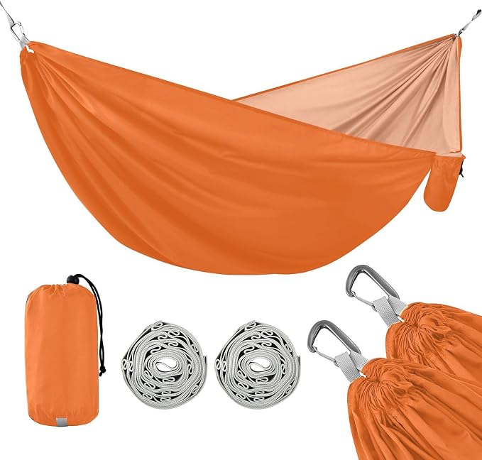Orange Solid Color Camping Hammock, Portable Lightweight Single Hammock with Tree Straps and Aluminum Carabiners, 114" x 54" Travel Hammock for Hiking Backpacking Beach