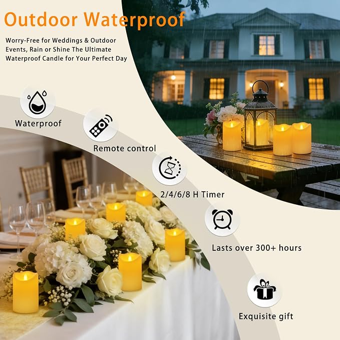 Outdoor Flameless Candles, Patented 3D Dual-LED, Set of 2 Slanted Plastic Pillars with Remote, Waterproof Non-Melting Battery Operated Decor for Bathroom Bedroom Gift, Ivory (D3 x H6)