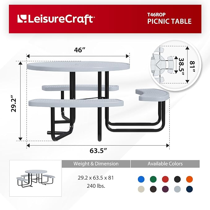 Leisure Craft Metal Picnic Table with Bench - 46" Round Outdoor Dining Table with Umbrella Hole, Heavy Duty Thermoplastic Coating, ADA Compliant, Commercial Grade Furniture Made in USA - Gray