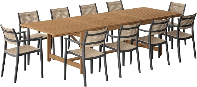Urban Elements Duete 11-Piece Rectangular Extendable Patio Furniture Set | 100% Certified Teak Finish | Backyard Furniture, Outside Table and Chairs, Rectangular Outdoor Dining Set