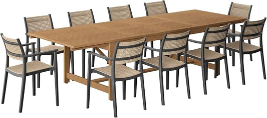 Urban Elements Duete 11-Piece Rectangular Extendable Patio Furniture Set | 100% Certified Teak Finish | Backyard Furniture, Outside Table and Chairs, Rectangular Outdoor Dining Set