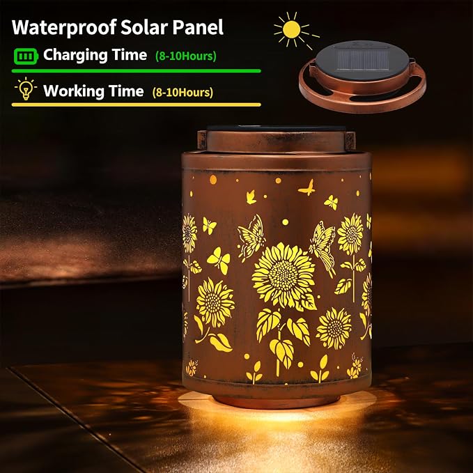 Solar Outdoor Lanterns Garden Decor LED Light Hanging Waterproof | Butterflies Solar Metal Lantern Gifts for Women Mon Grandma Sunflower Solar Lights Outdoor Decoration for Yard