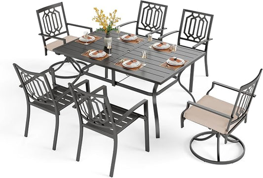 PHI VILLA 7 Pcs Outdoor Dining Set for 6,Metal Table& Fixed Swivel Chairs | 60” Black Rectangular Metal Table with Umbrella Hole,Heavy-Duty Furniture for Patio, Deck, Backyard, Porch