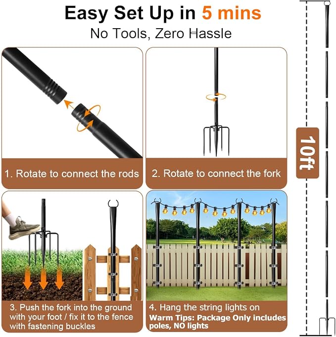 8 Pack String Light Poles for Outside, Upgraded Heavy-Duty Metal Poles for Outdoor String Lights with Fork, Adjustable Lighting Hanging Accessories for Patio Decor Pergola Backyard Garden Decorations