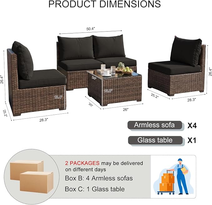 5 Pieces Patio Furniture Set with Glass Table, Outdoor PE Rattan Sectional Sofa with Soft Cushions for Backyard, Porch, and Poolside (Black, 5 PCS w/Table)