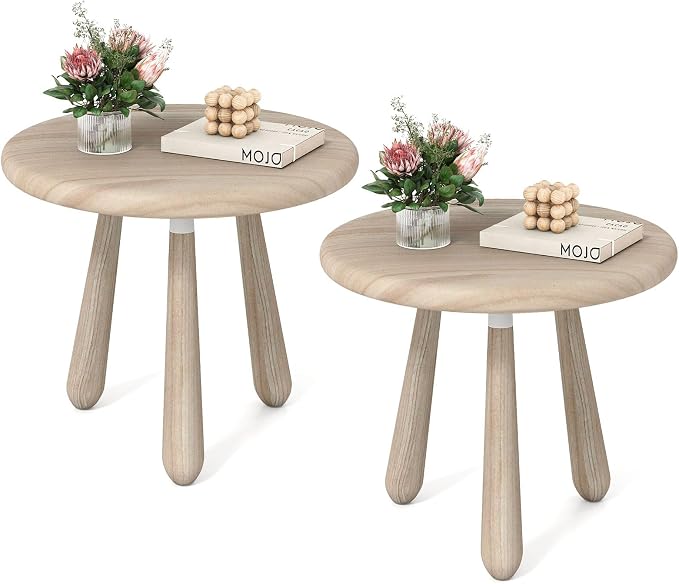 Tangkula Outdoor Mahogany Wood Side Table, 18” Round End Table with Thickened Board & Solid Wood Support Legs, Small Accent Patio Table for Living Room, Porch, Balcony, Natural (2)