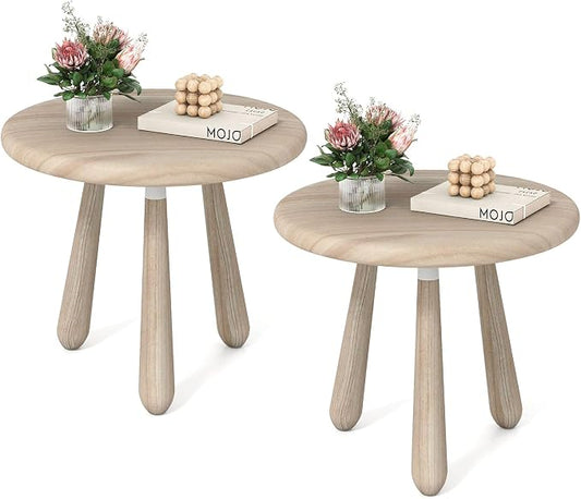 Tangkula Outdoor Mahogany Wood Side Table, 18” Round End Table with Thickened Board & Solid Wood Support Legs, Small Accent Patio Table for Living Room, Porch, Balcony, Natural (2)