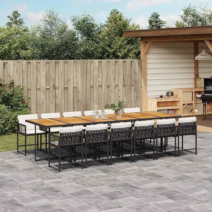 13 Piece Patio Dining Set with Cushions Black Poly Rattan Outdoor Garden Table and 12 Folding Chairs for Backyard Porch Lawn Entertaining UV-Proof Foldable Removable Washable White Seat Pads