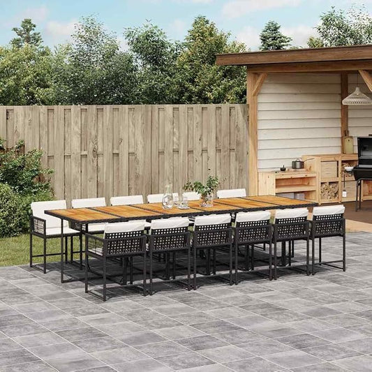 13 Piece Patio Dining Set with Cushions Black Poly Rattan Outdoor Garden Table and 12 Folding Chairs for Backyard Porch Lawn Entertaining UV-Proof Foldable Removable Washable White Seat Pads