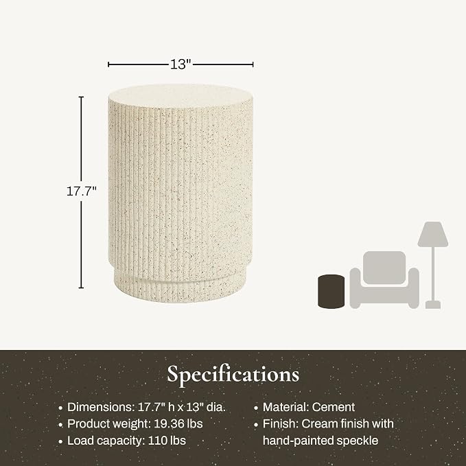 LuxenHome Cream Cement Round Outdoor Side Table, End Tables for Patio, Garden Small Accent Decorative Stool, Plant Stand Drum Table Indoor and Outdoor