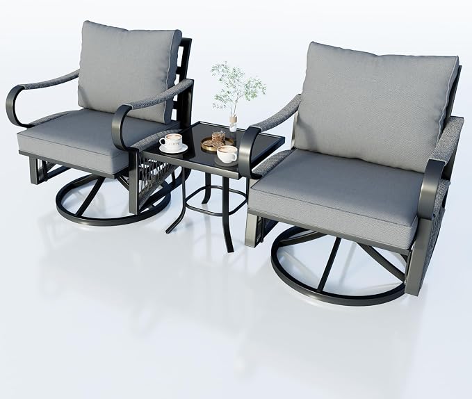 3 Pieces Glider Rocking Chairs, Outdoor Swivel Rocker Chairs with Thick Cushion, Patio Bistro Furniture Set with Side Table, Rope Conversation Sets for Porch Balcony Backyard Deck, Gray Cushions