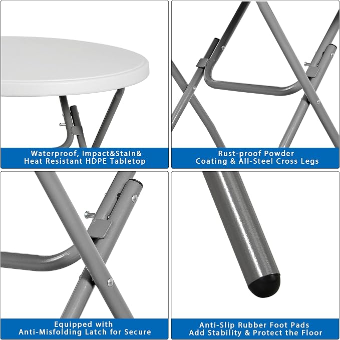 32 Inch Round Folding Table, Heavy Duty Folding 2.6FT Plastic Table for Outdoor Indoor, Metal Frame Thick Table Top Camping Picnic Table, White