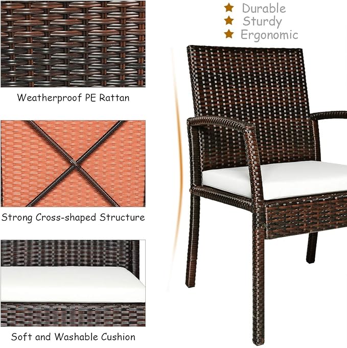 COSTWAY 7-Piece Outdoor Patio Furniture Set, Rattan Dining Table & Chairs with Cushions, Umbrella Hole & Tempered Glass Tabletop, Modern Garden Rattan Set for Backyard, Poolside, Balcony (White)