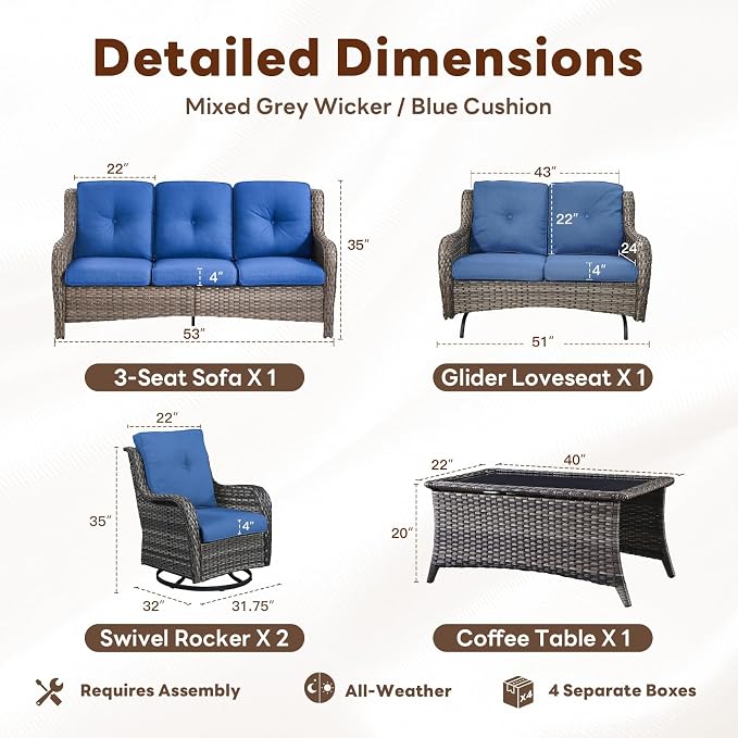 Belord 5 Piece Outdoor Wicker Furniture, Patio Swivel Rocking Chairs with Loveseat and 3 Seat Sofa,All Weather Patio Conversation Furniture Set, for Backyard Poolside Gray Wicker/Blue