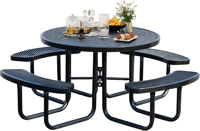 46 Inch Round Outdoor Metal Picnic Table, All-Weather Patio Dining Set for 6-8 Adults, Heavy Duty Steel with Central Umbrella Hole, Perfect for Garden, Backyard, Deck & Small Spaces - Easy Assembly