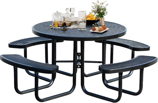46 Inch Round Outdoor Metal Picnic Table, All-Weather Patio Dining Set for 6-8 Adults, Heavy Duty Steel with Central Umbrella Hole, Perfect for Garden, Backyard, Deck & Small Spaces - Easy Assembly
