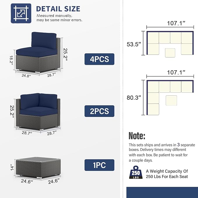 SOLAURA 7 Pieces Outdoor Patio Furniture Set, Black Brown Rattan Outdoor Patio Sectional Conversation Set, Modular Sofa Set with Coffee Table, Navy Blue