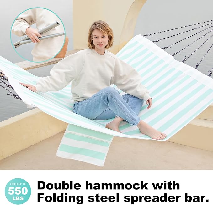 GAFETE 14ft 2 Person Hammock for Outside, Quick Dry Textilene, Portable Hammocks Without Stand with Folding Steel Spreader Bar, Carrying Bag, Tree Straps, Pillow & Sidebag, 550 lbs Capacity (Cyan)