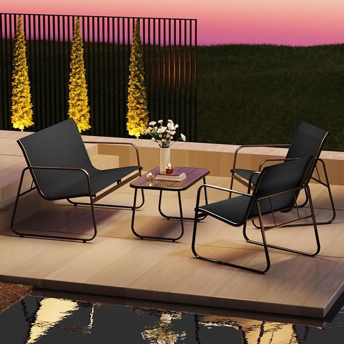 4-Piece Patio Furniture Set, Outdoor Textilene Conversation Set with Chairs & Loveseat, with Coffee Table for Garden, Balcony, Poolside, Backyard, Water-Resistant & UV-Resistant（Black）